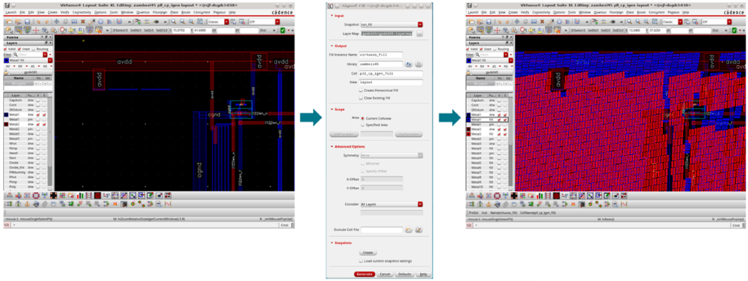 iPegasus Fill and Virtuoso Studio interface for signoff fill, including the interactive tiling feature