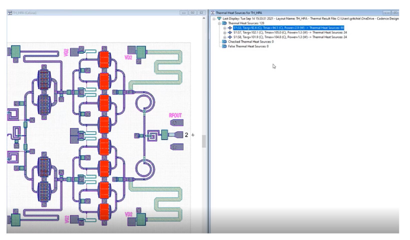 The operating temperature of each specified heat source is back annotated from the Celsius solver into the AWR environment platform and can be highlighted (in red) in the 2D layout editor by selecting from the list, allowing the user to easily identify its location.