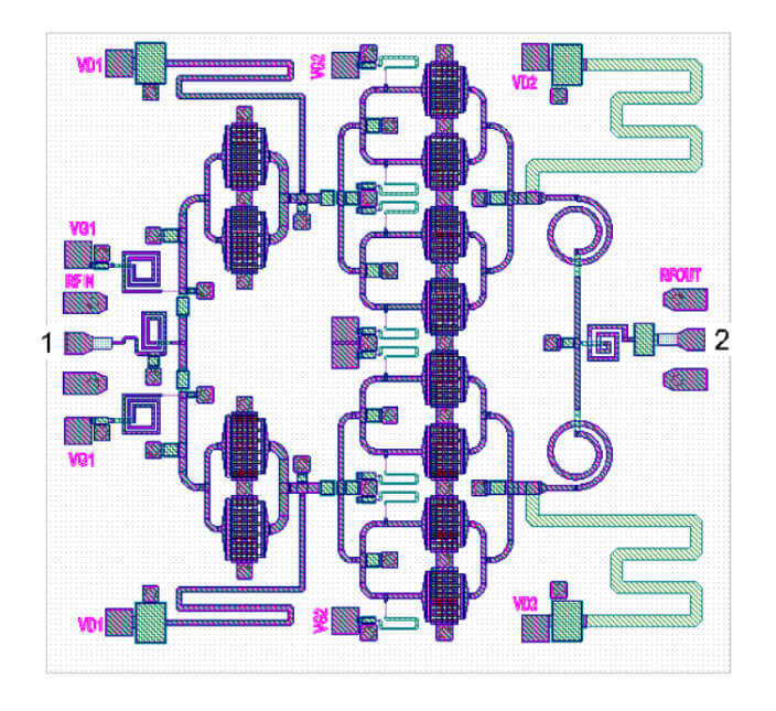 Layout view of the high MMIC power amplifier defining the structure used by the Celsius Thermal Solver for thermal analysis