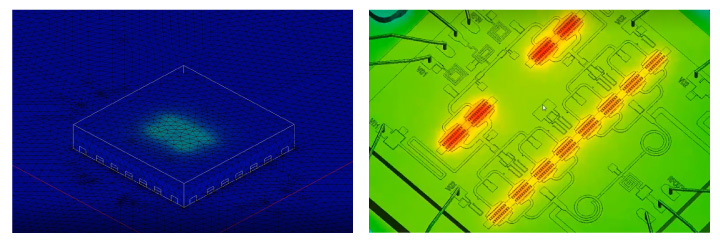 3D structure showing power across the board (left) and heat sources of the MMIC (right)