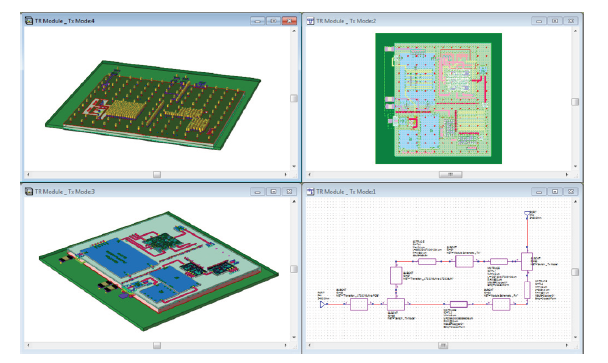 The schematic (lower right) and 2D and 3D views of the layout of the module with ground or via fences