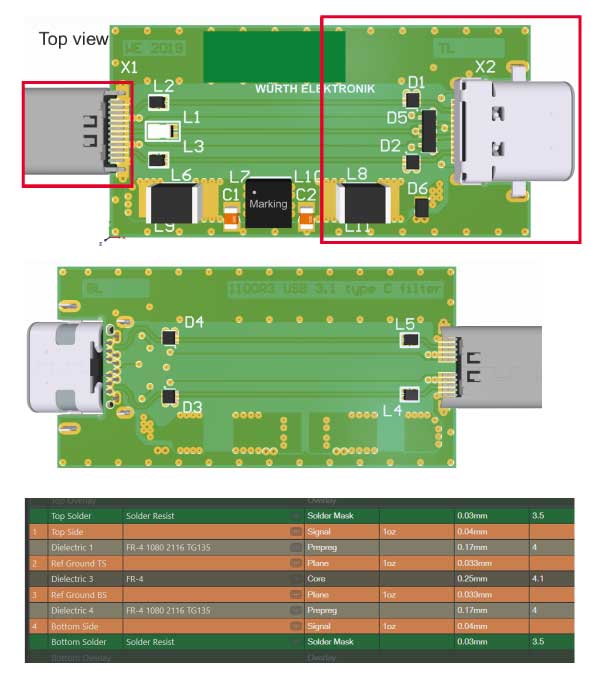 Top view (top), bottom view (middle), and stackup (bottom) of original PCB