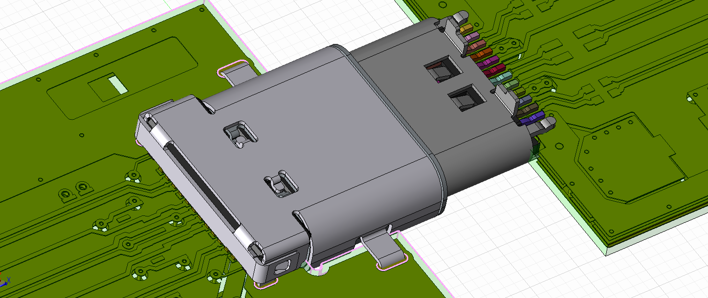 Connectors and PCB assembly in the Clarity 3D workbench (parts courtesy of Würth Elektronik)