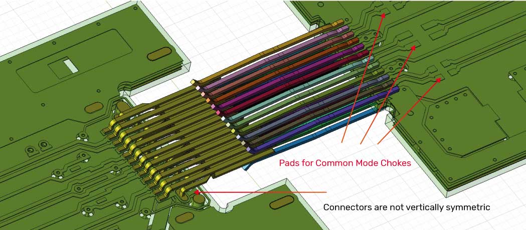 Connector assembly with the shield and insulator hidden (parts courtesy of Würth Elektronik). Note that the connectors are not vertically symmetric.