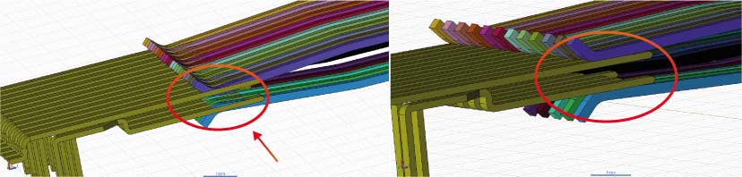 Before and after the connector pins are bent in the Clarity solver (parts courtesy of Würth Elektronik)