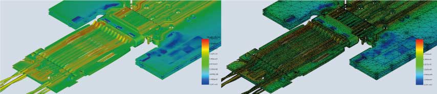 Full structure field distribution (left) and field distribution plus mesh (right) (parts courtesy of Würth Elektronik)