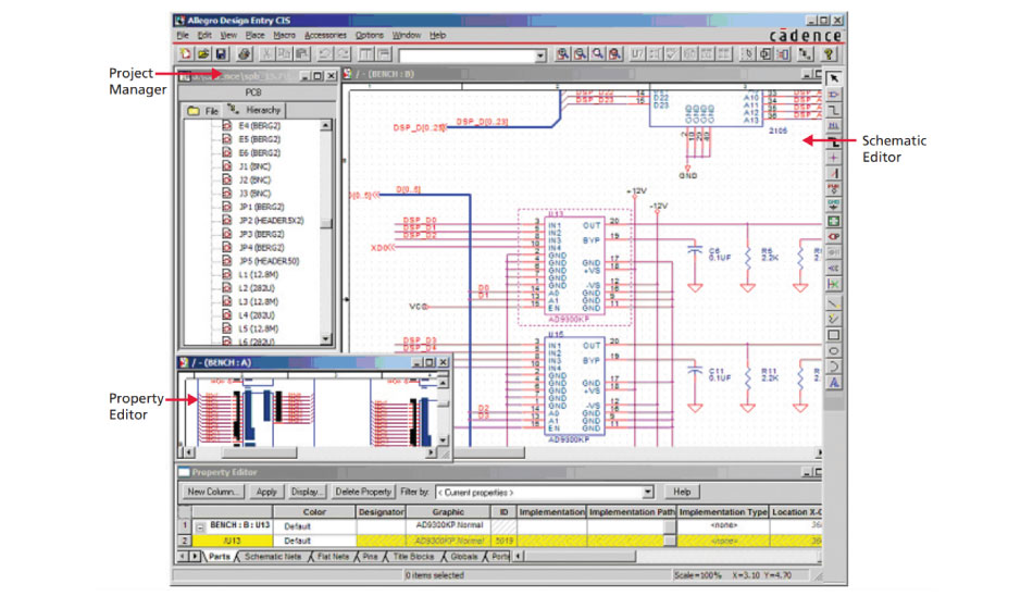 Figure 1: The multi-window interface of Cadence schematic capture technology simplifies navigation and searches across the hierarchy