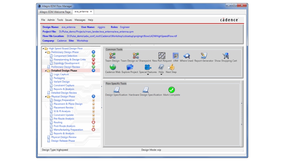 Configurable design flow guides users through the design process and brings appropriate design tools to the user’s desktop in each step of the process