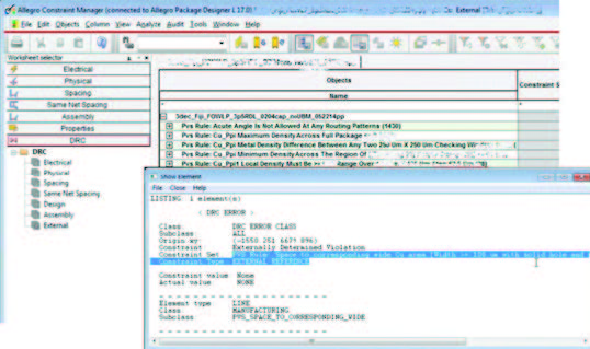 Foundry-supplied PDK / rules-deck-driven PVS verification results are directly displayed with the SiP Editor using the constraint manager