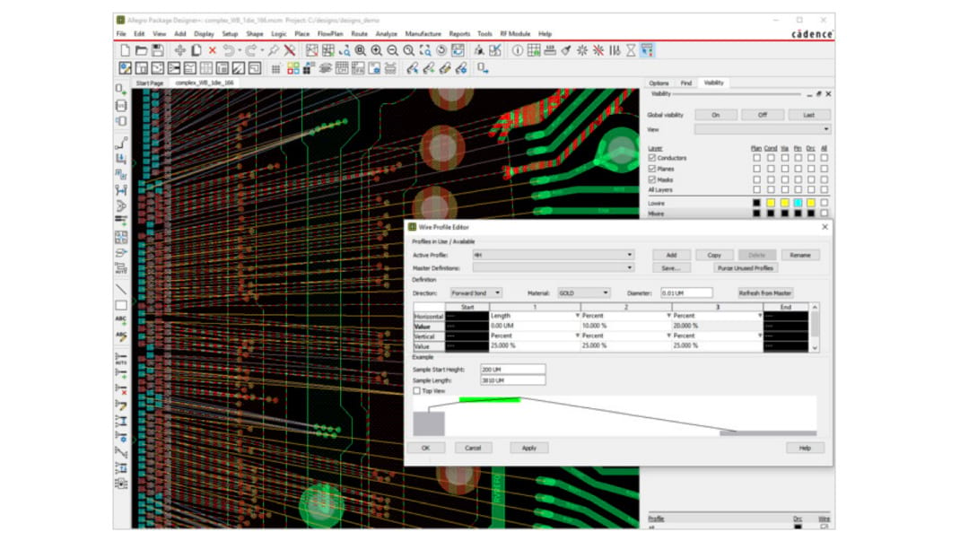 Figure 1: Constraint-driven interactive wire bonding includes push-shove across multiple wire tiers, the 3D wire profile viewer/editor allows for multiple wire profiles to be created and supported, and referenced profile libraries enable manufacturing-aware design and accurate simulation