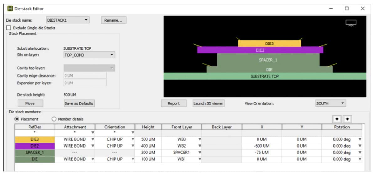 Figure 4: Complex stack-die construction, including spacers and interposers, is managed by the Die Stack Editor, connectivity is supported on both sides of the die