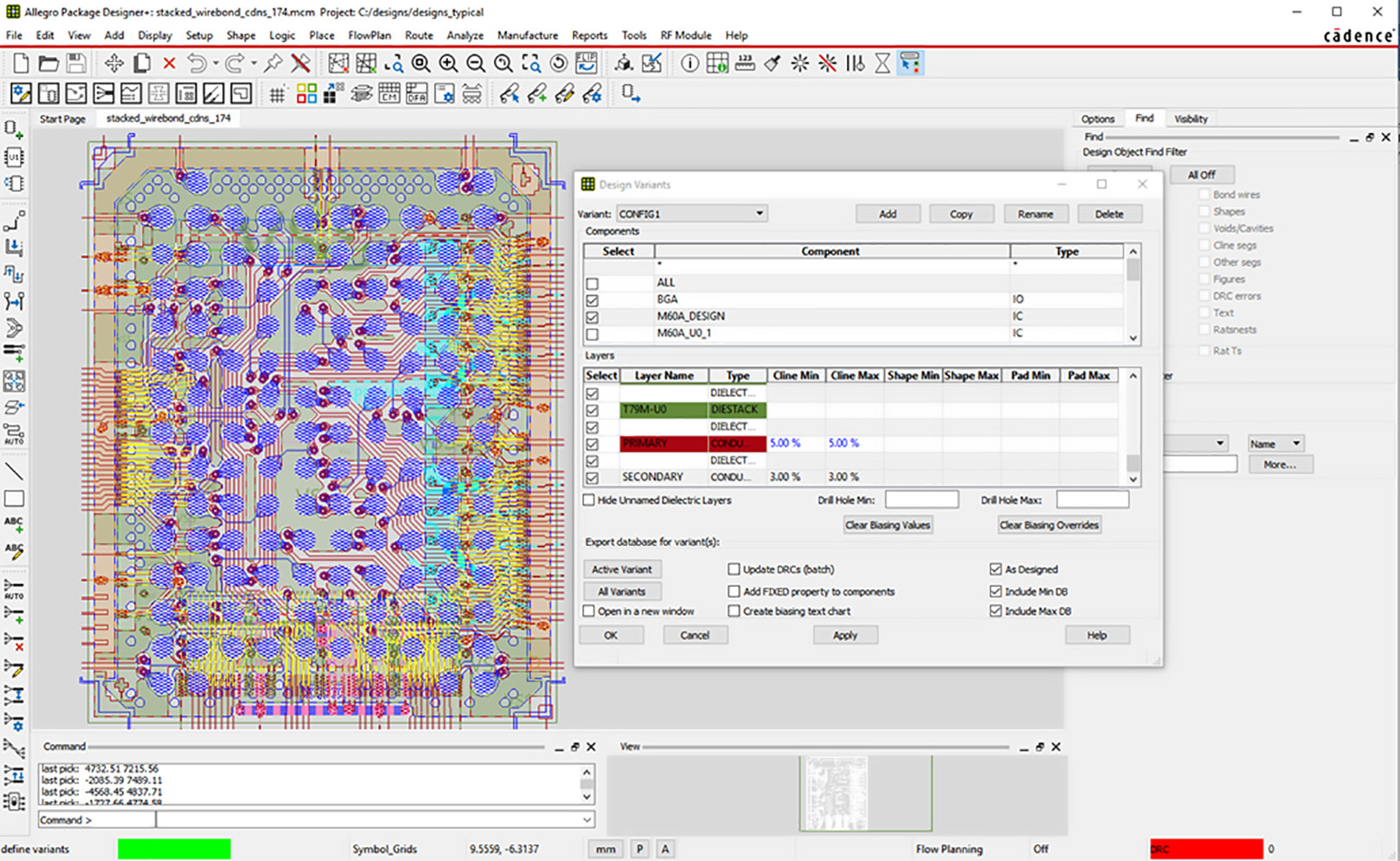 Design variants can be created with different die stack and bonding options. Designers can also assess the impact on manufacturing variation (e.g., line width) on performance and manufacturability