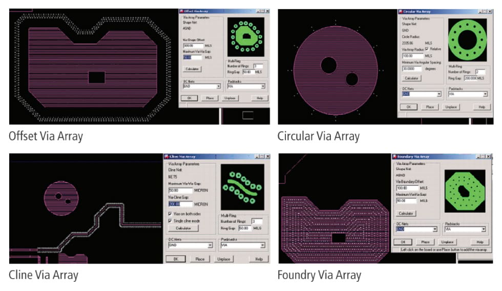 Via arrays are easily instantiated around a user-selected group of objects