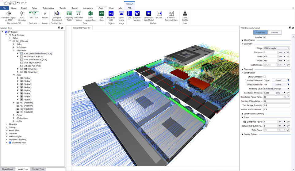 Air-cooled sever modeled and simulated with Celsius EC Solver, highlighting hotspots and the surrounding airflow pattern