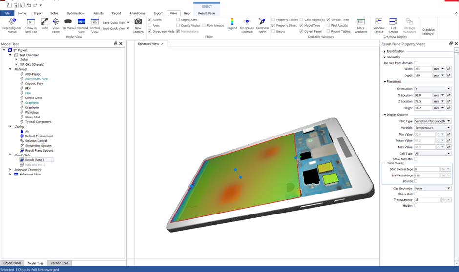 A basic model showing a thermal simulation of a tablet computer. Thermal results displayed show the screen surface and internal component temperatures