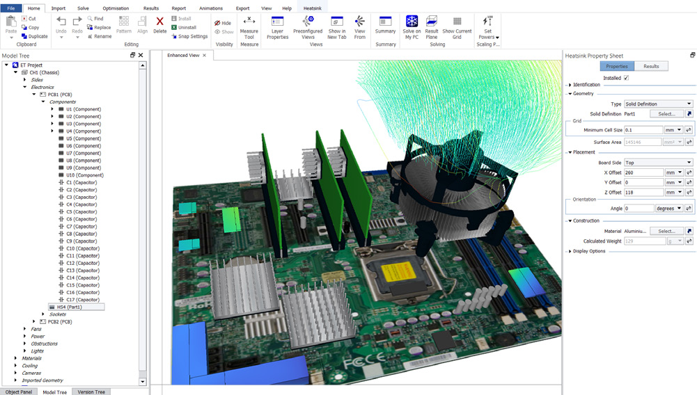 Printed circuit board fully populated with components illustrating the electronics cooling phenomena associated with the inclusion of a heat sink