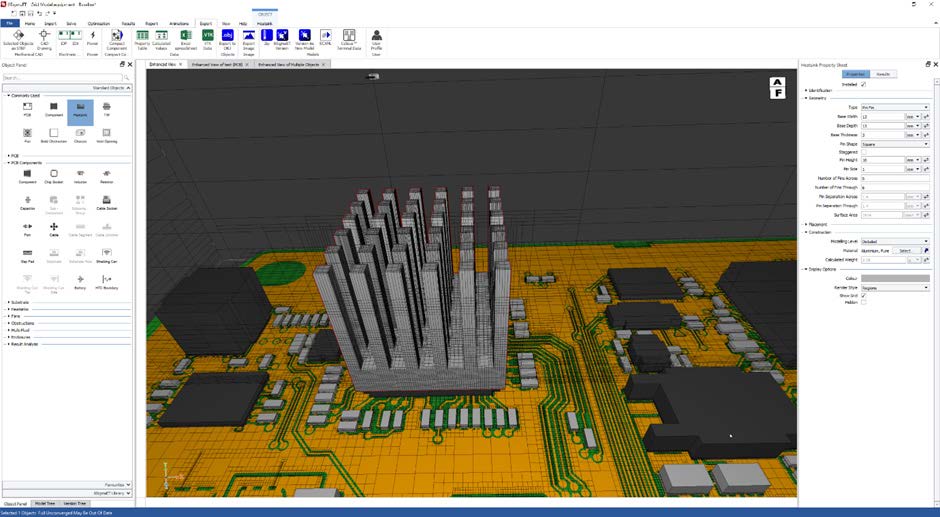 Each intelligent modeling object has its own set of mesh rules. These rules are designed to capture the physics of different object types. For example, a heatsink has finer mesh between its fins to capture the flow