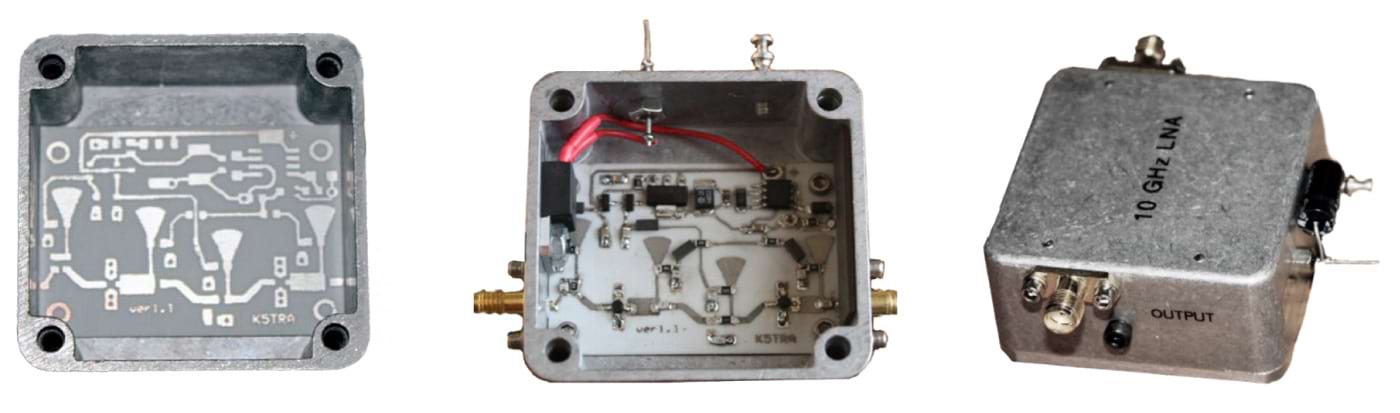 Etched, undrilled board placed in undrilled housing, interior view of completed LNA, and completed 10GHz LNA