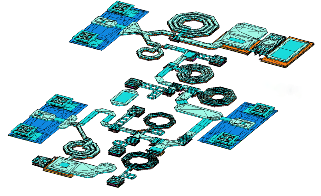 Mesh view of a full RF circuit, modeled with EMX Solver