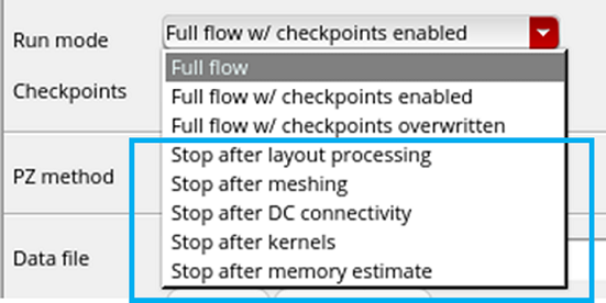 Start/Stop/Save options for the various steps of an EMX run