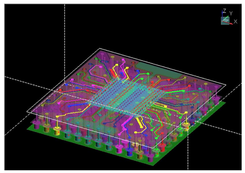 Figure 2: A 3D view of the design allows the user to track the connectivity through vias and visualize relationships between interconnects that would not be possible with only a 2D view.