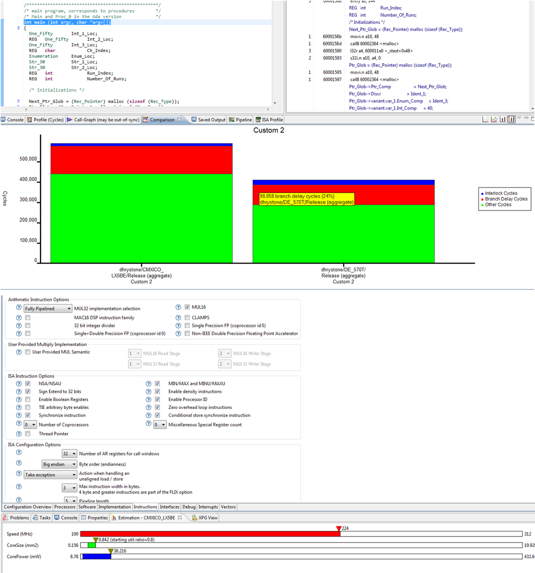 The Xtensa Xplorer IDE can display valuable information including performance comparisons, instruction sizes, and processor size, area, and power