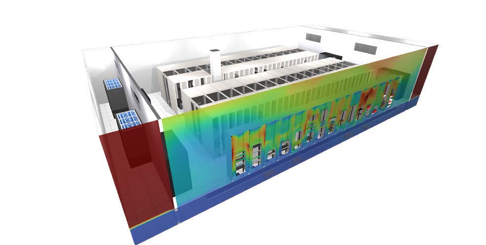 Clipped temperature plane showing internal temperatures of the racks, underfloor, and corridor of a raised floor data center digital twin