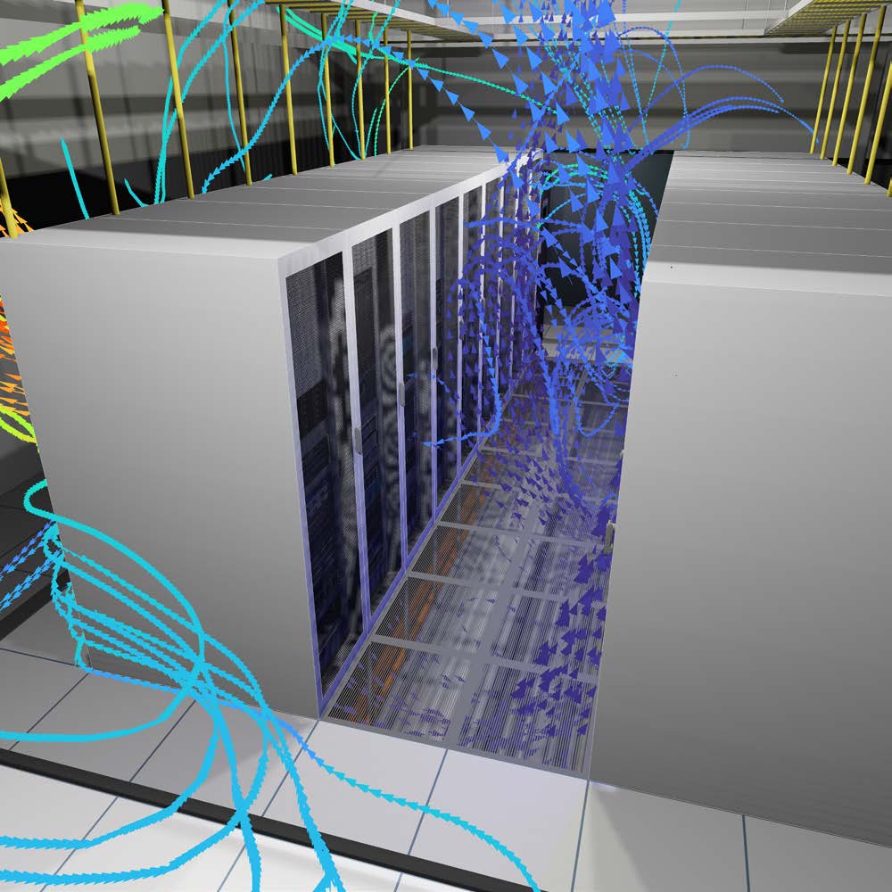 Airflow paths through the raised floor and room, simulated using CFD