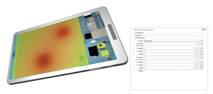 Max and min markers can be placed on a component to show the location and value for the highest and lowest predicted temperature