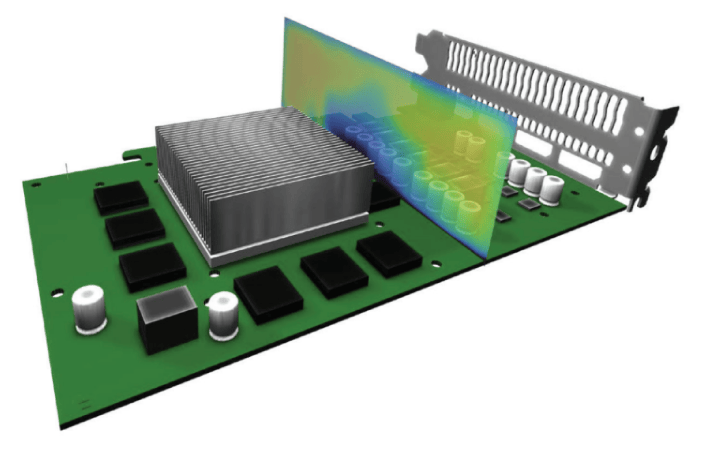 Graphics card with an attached results plane showing cross-sectional temperature