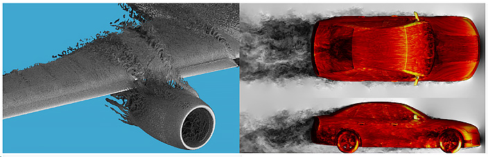 High-fidelity CFD simulation of a commercial aircraft targeting predictions of maximum lift and stall characteristics and separation patterns (left) and the external aerodynamics of a car (right) with Fidelity LES Solver