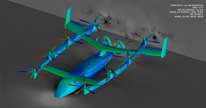 Aeroacoustics of an eVTOL air vehicle, the pressure field, and shear stress at cruise conditions