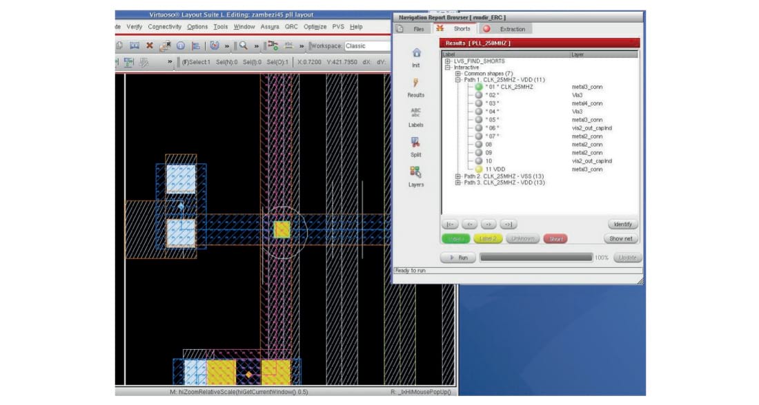 Figure 5: The Interactive Short Locator running within the Virtuoso Layout Editor