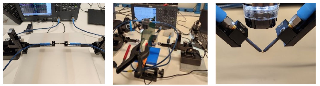 Instrumentation and setup photos. Horizontal in-line probe attach on the left, full setup in the middle and 45-degree probe attach on the right with one of the vision-system cameras.