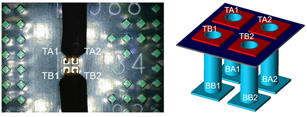 J84 close-up on IEEE board (left), and 3D view with only pads, vias and layer 2 visible. All vias connect to layer 2 (right)