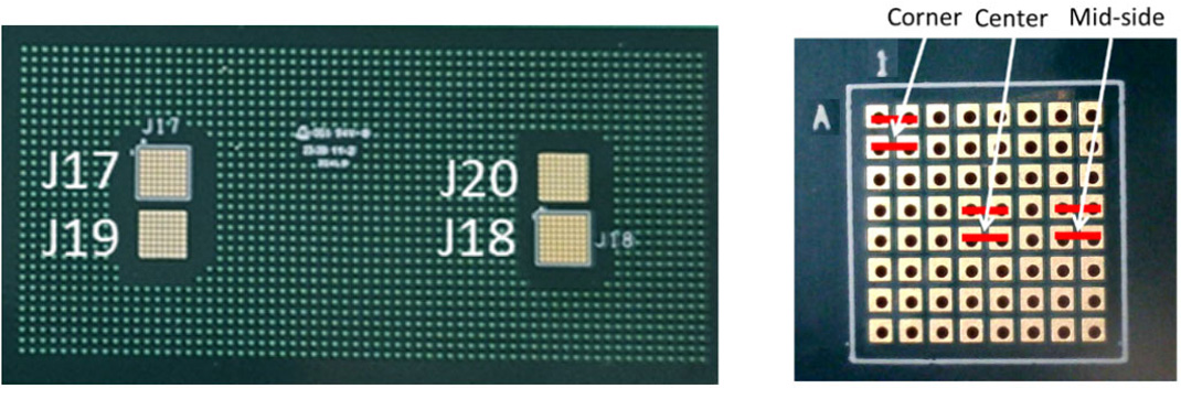 Top view of IEEE board section 2, holding four 1-mm plated through hole arrays (on the left), port locations within the array (on the right). 