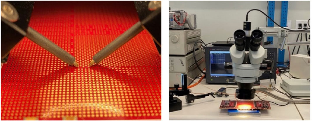 PacketMicro probes landing on BGA pads in Core pin field (left). Measurement setup (right).